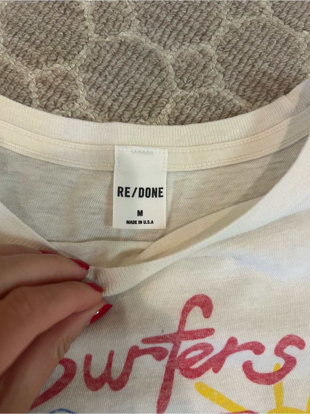 Re/Done White Tee with Pink 'Surfers' Script and Yellow Sun Accent